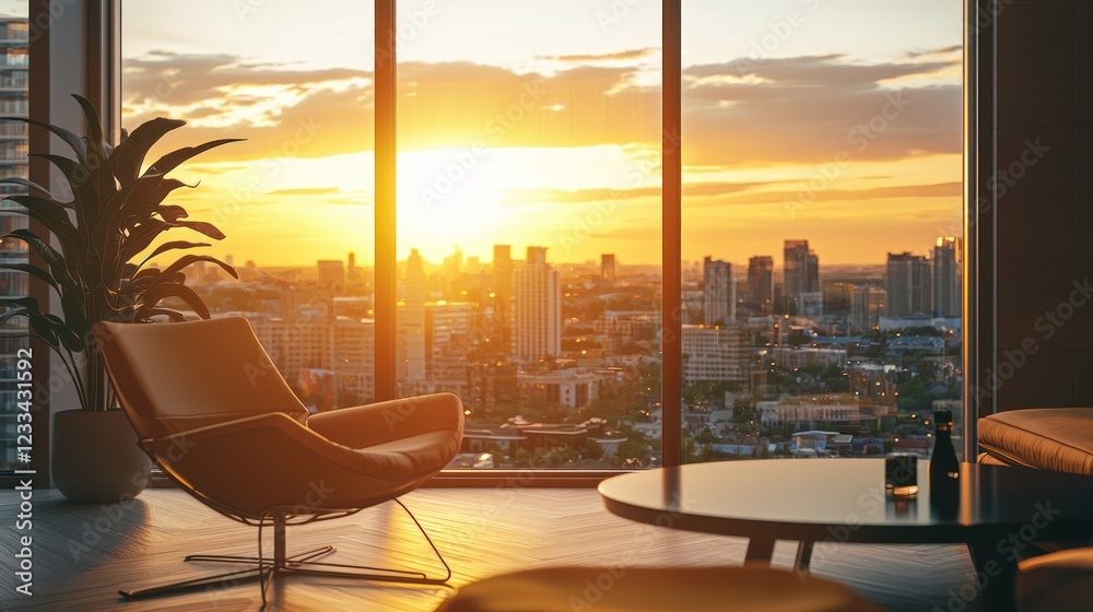 Fototapeta premium Sunset view from modern apartment living room.