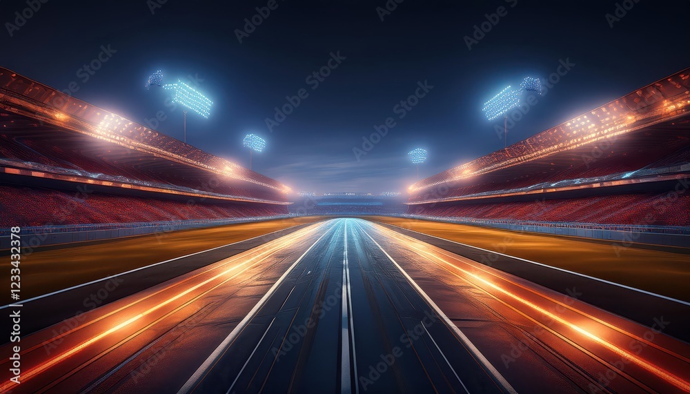 Obraz premium Nighttime Majesty Vivid Race Track Lights Illuminate a Realistic Scene under Crystalclear Sky, Showcasing a Thrilling Night Racing Experience