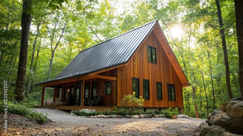 Modern wood cabin nestled in lush forest.
