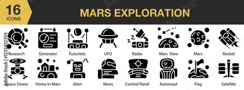Mars Exploration solid icon set. Includes mission, universe, technology, galaxy, cosmos, and More. Solid icons vector collection.