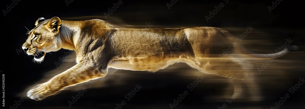 A dynamic shot of a lioness in mid-pounce, with intense focus and raw power captured in motion A dynamic shot of a lioness in mid-pounce, with intense focus and raw power captured in motion