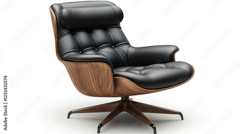 Naklejka premium Black leather swivel armchair with walnut wood base.