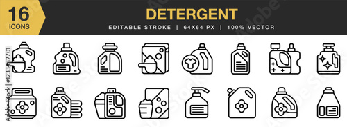 Detergent icon set. Editable Stroke Icon Collection. Includes bottle, household, bathroom, housework, washing, and More. Outline icons vector collection.