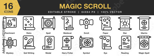 Magic Scroll icon set. Editable Stroke Icon Collection. Includes medieval, magic, paper, parchment, old, and More. Outline icons vector collection.