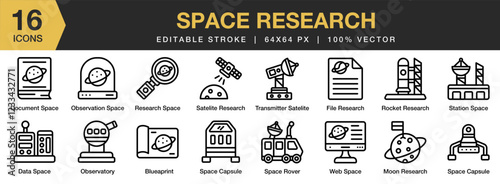 Space Research icon set. Editable Stroke Icon Collection. Includes exploration, satellite, universe, planet, rocket, and More. Outline icons vector collection.