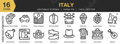 Italy icon set. Editable Stroke Icon Collection. Includes Italy icons, and More. Outline icons vector collection.