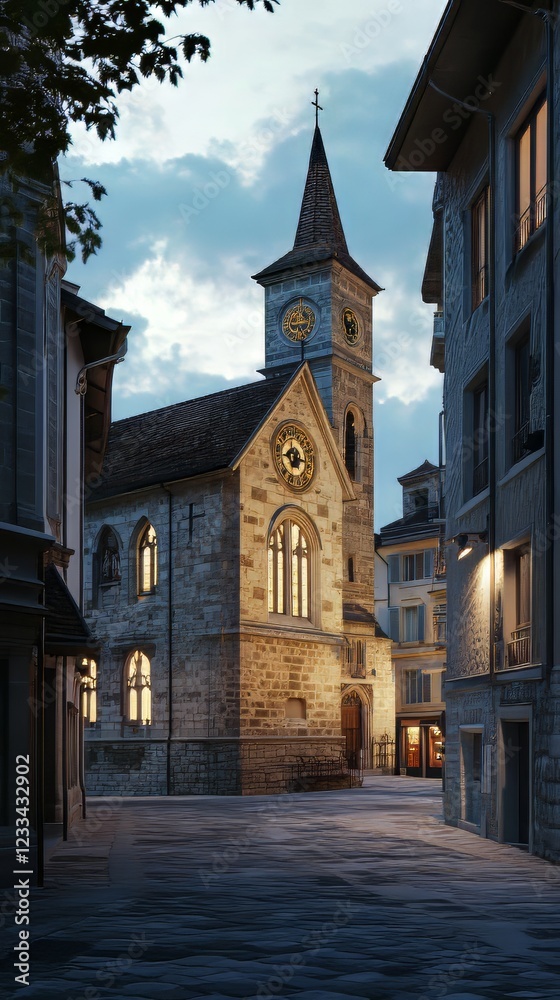 Naklejka premium Stone church at twilight, city scene