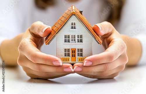 Hands holding a miniature house symbolizing real estate, homeownership, or property investment, ideal for marketing, financial services, and insurance visuals