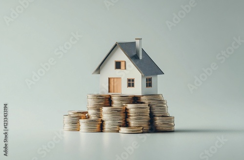 Miniature house placed on stacks of golden coins, symbolizing real estate investment, property value, home equity, and financial growth, ideal for business, mortgage, or housing market visuals