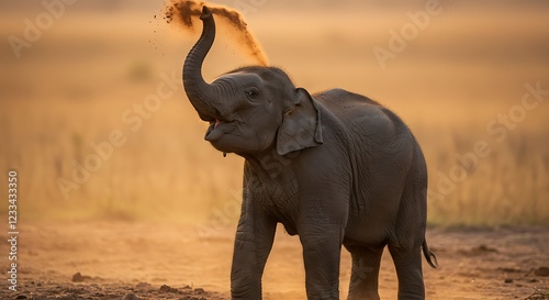 Adorable éléphanteau jouant avec la poussière dans la savane au crépuscule. Photo de stock pour la faune africaine, les animaux sauvages, la nature, et les éléphants.