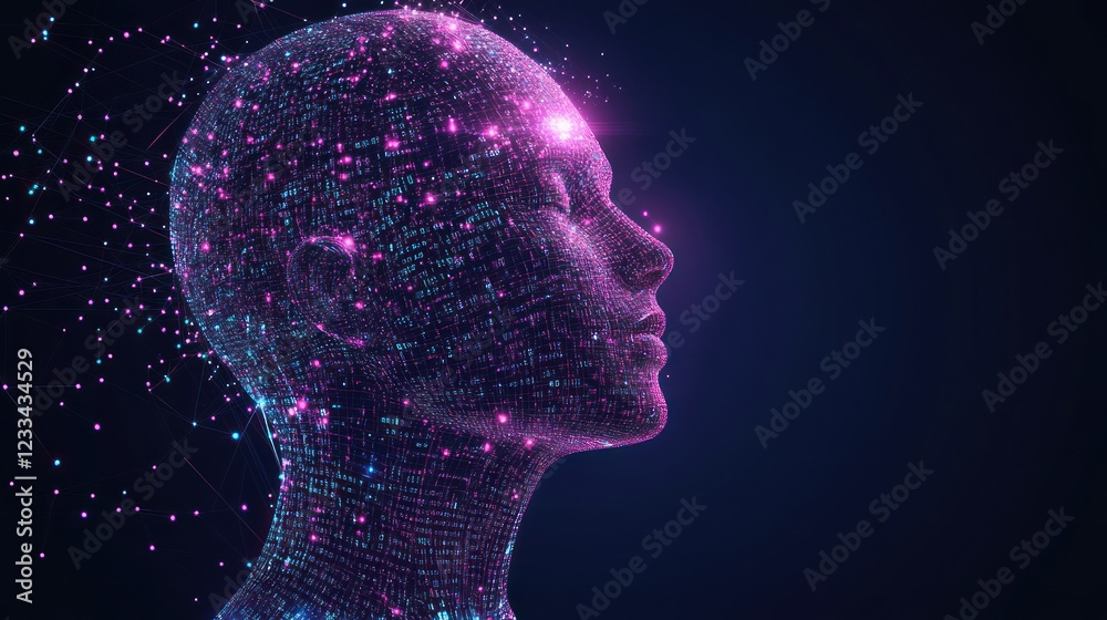 Digital head, glowing, data, network, dark background, AI concept Digital head, glowing, data, network, dark background, AI concept