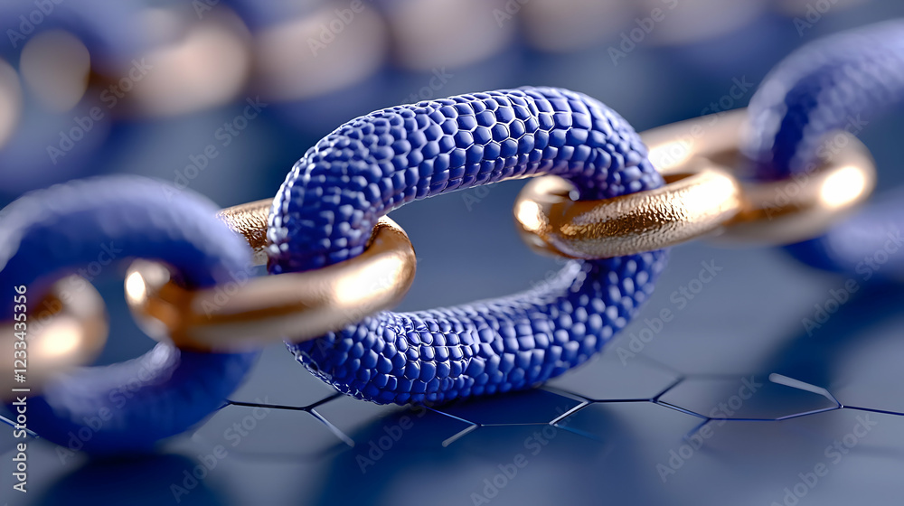 Obraz premium Blue chain link, secure connection, hexagon background, technology concept