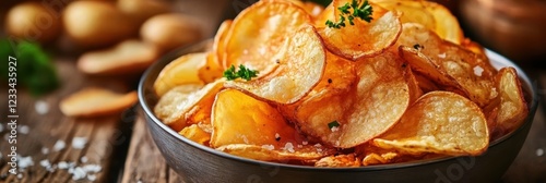 Golden nachos, crispy tortilla chips, melted cheese, fresh cilantro garnish, blue ceramic bowl, rustic wooden table, warm lighting, snack food, Tex-Mex cuisine, party appetizer, restaurant-style prese photo