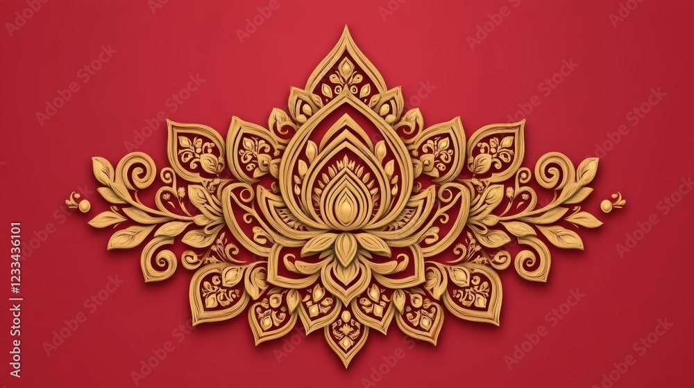 Golden Lotus Floral Ornament Red Background Design Golden Lotus Floral Ornament Red Background Design