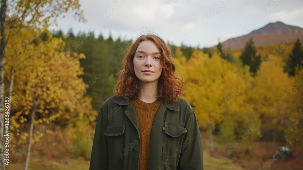 Redhead Woman in Green Jacket, Autumn Forest Portrait Redhead Woman in Green Jacket, Autumn Forest Portrait