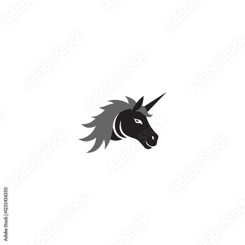 A stylized, graphic illustration of a unicorn head, facing right, in profile view, with a predominantly dark color scheme., The unicorn has a black or very dark grey coat, a grey mane and tail, and a 