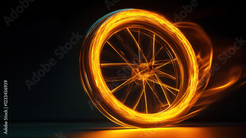 A futuristic bicycle wheel with a translucent frame, illuminated with warm orange neon lights, captured in motion with a subtle light trail