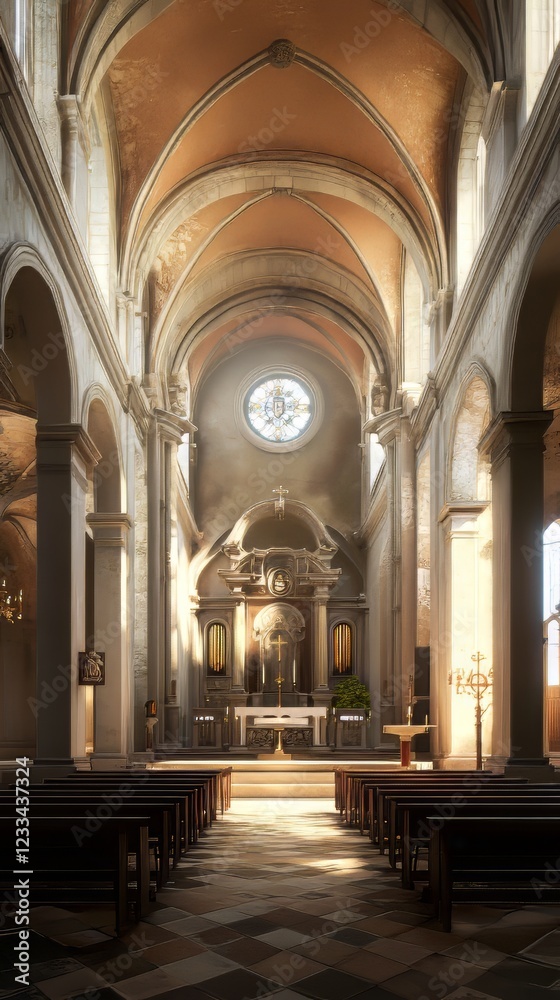 Fototapeta premium Sunlit church interior, peaceful and serene.