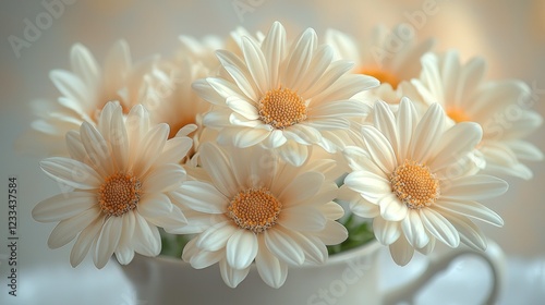 Pale daisies in a teacup, soft background, floral still life
