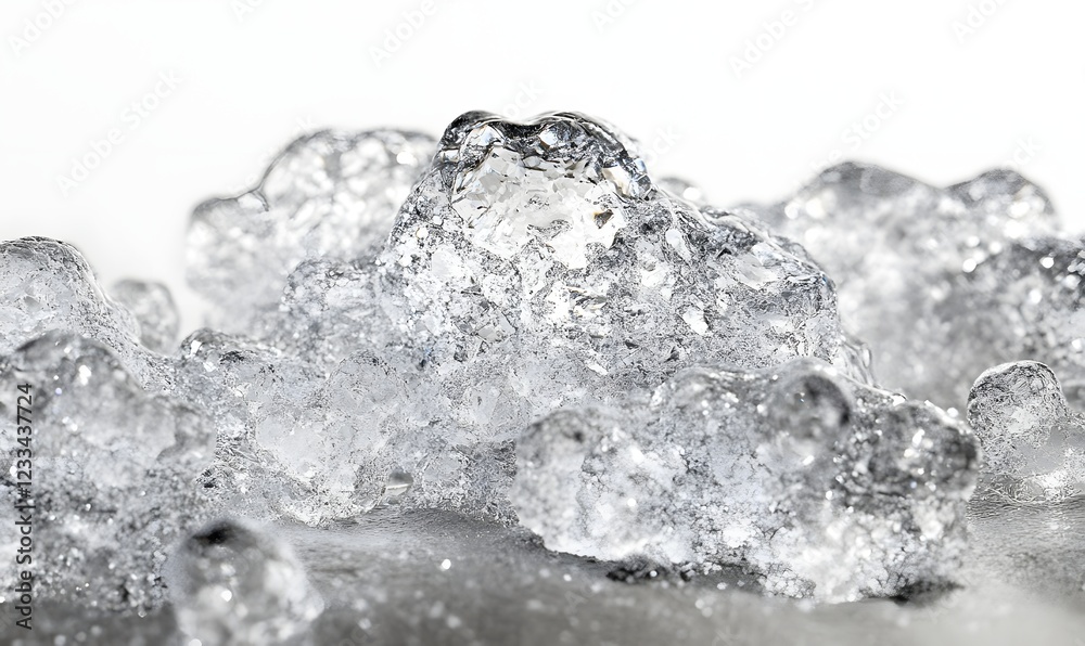 Close-up of melting ice cubes on a grey surface, background white; for drink, beverage, or cooling concepts Close-up of melting ice cubes on a grey surface, background white; for drink, beverage, or cooling concepts
