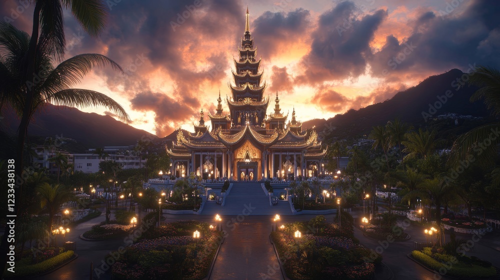 Golden Pagoda Sunset Serene Asian Temple Twilight Panorama Golden Pagoda Sunset Serene Asian Temple Twilight Panorama