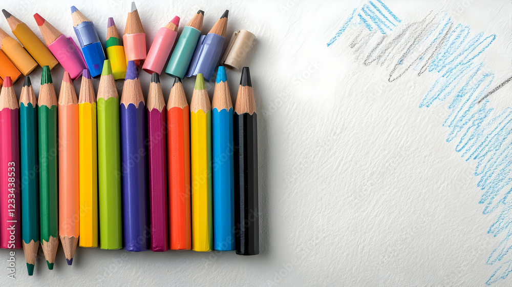 Fototapeta premium Colorful pencils arranged on white background, creative sketching, art supplies, education