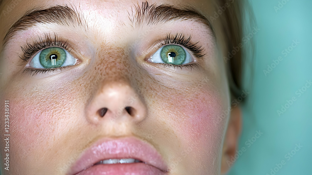 Fototapeta premium Close-up portrait, young woman, green eyes, looking up, teal background, beauty