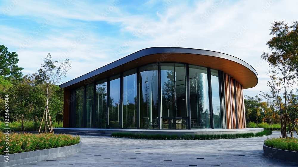 Modern building with glass walls and a curved roof surrounded by trees and blue sky Modern building with glass walls and a curved roof surrounded by trees and blue sky