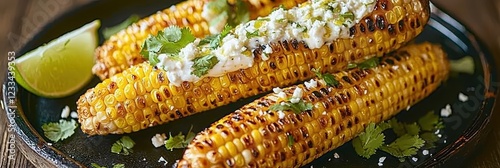 Mexican street corn, elotes, grilled corn on the cob, charred corn, chili powder, cotija cheese, lime wedges, cilantro garnish, rustic metal tray, vibrant colors, overhead view, food photography, tant photo