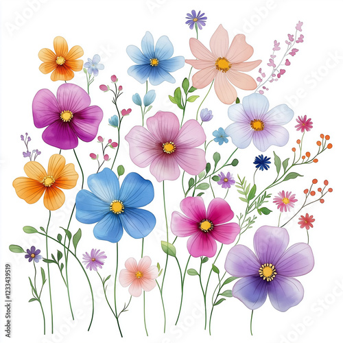 Watercolor botanical illustration of cosmos, dense arrangement, high resolution on white background