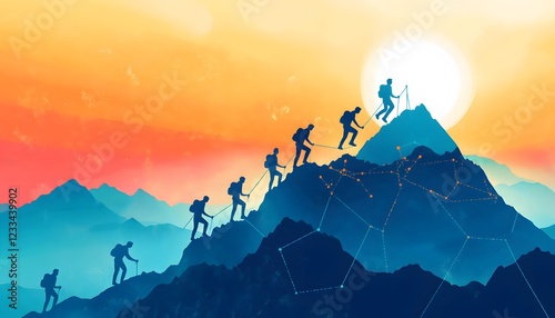 Hikers Ascending a Mountain Range Towards the Sun