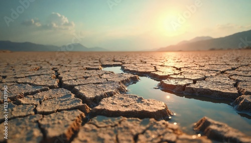 Dry cracked earth with water and sun. Concept of global warming, climate change, and drought. photo