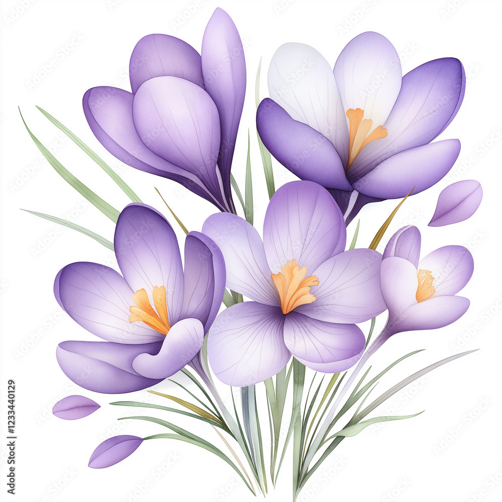 Naklejka premium Watercolor botanical illustration of crocus, dense arrangement, high resolution on white background
