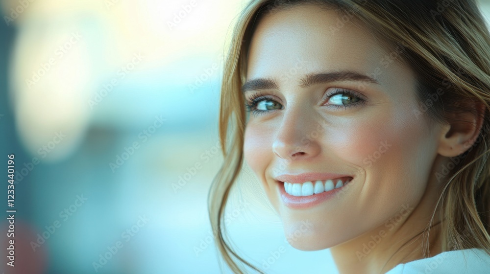 Obraz premium A woman with a bright smile and long brown hair