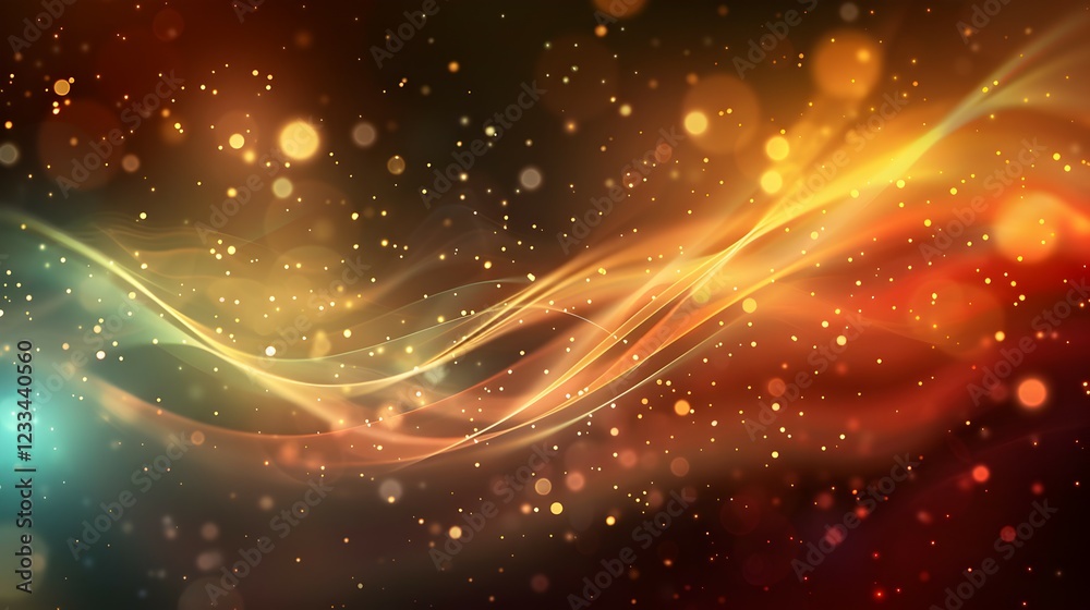 Obraz premium A vibrant abstract background with flowing waves and glowing particles.