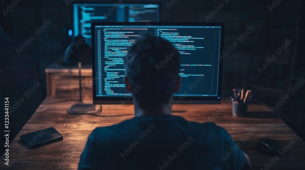 Person coding at a desk in a dimly lit room with computer screens displaying code Person coding at a desk in a dimly lit room with computer screens displaying code