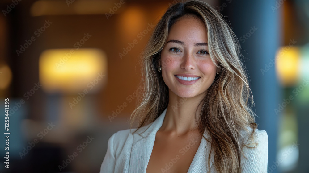 Smiling woman with long hair in professional setting, exuding confidence and warmth Smiling woman with long hair in professional setting, exuding confidence and warmth