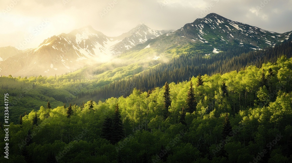 Fototapeta premium Majestic sunset illuminating snow-capped mountains and lush green forest.