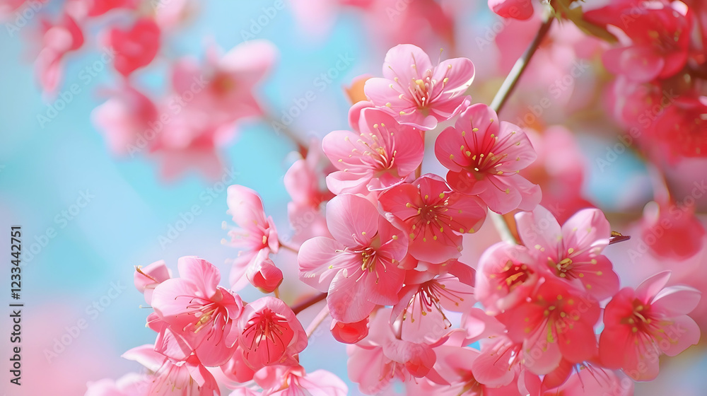 A close-up of vibrant pink cherry blossoms against a soft blue background. A close-up of vibrant pink cherry blossoms against a soft blue background.