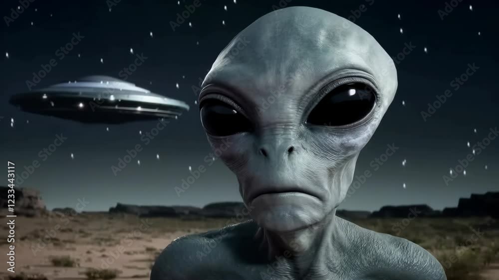 Gray Alien With Large Eyes and UFO Space Craft Animation Gray Alien With Large Eyes and UFO Space Craft Animation