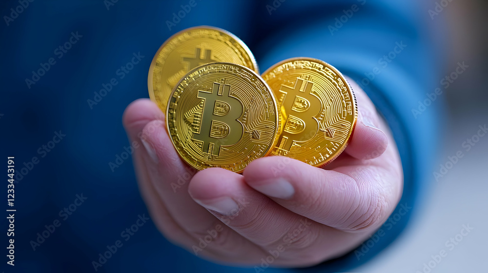 Child's hand holding bitcoins, closeup, finance Child's hand holding bitcoins, closeup, finance