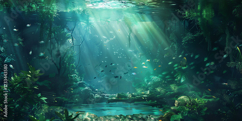 Serene Underwater Scene with Sunlight Filtering Through Leaves