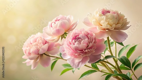Soft pink peony flowers with delicate petals and a lush green stem against a subtle cream background, botanical photography, floral arrangement