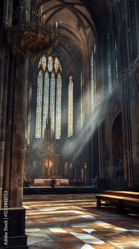 Sunbeams illuminate a cathedral's interior.