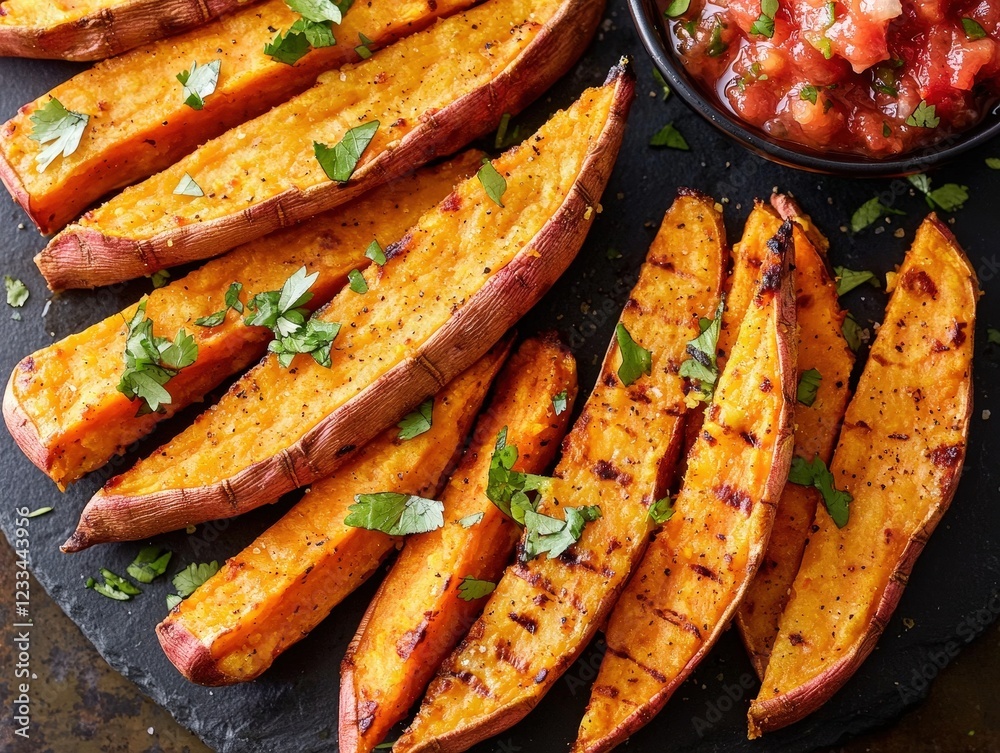 Deliciously Grilled Sweet Potato Wedges Served with Fresh Tomato Salsa and Garnished with Herbs Deliciously Grilled Sweet Potato Wedges Served with Fresh Tomato Salsa and Garnished with Herbs