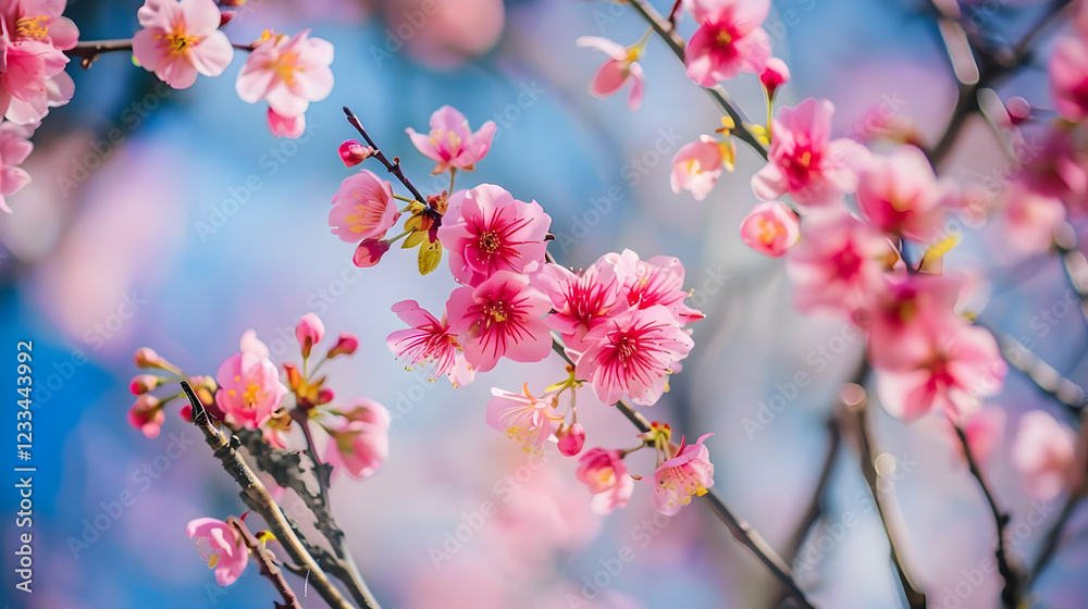 A close-up of pink cherry blossoms against a blue sky, symbolizing spring and beauty.