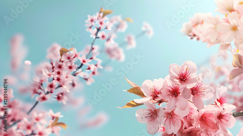 A serene display of cherry blossoms against a soft blue background.