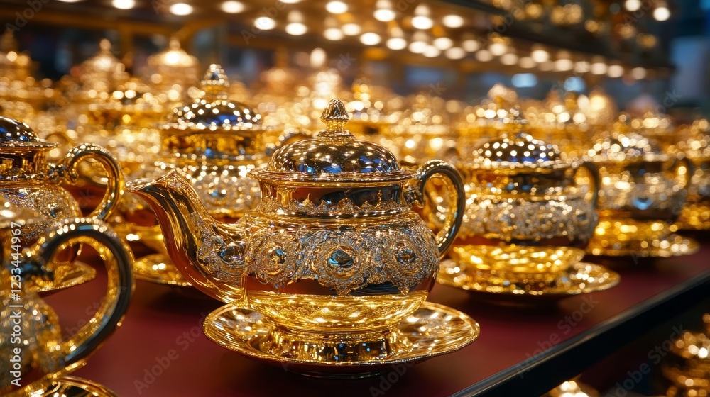 Golden Teapots Displayed on Shelf in Market Golden Teapots Displayed on Shelf in Market