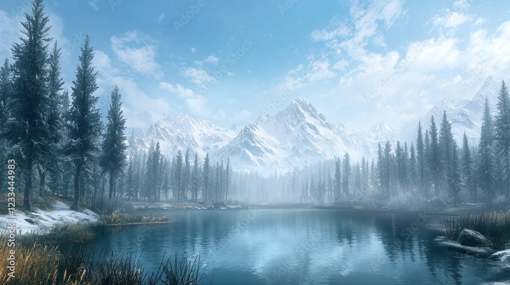 Fototapeta premium Serene winter landscape with snow-capped mountains reflected in a calm lake, surrounded by a pine forest under a clear sky.