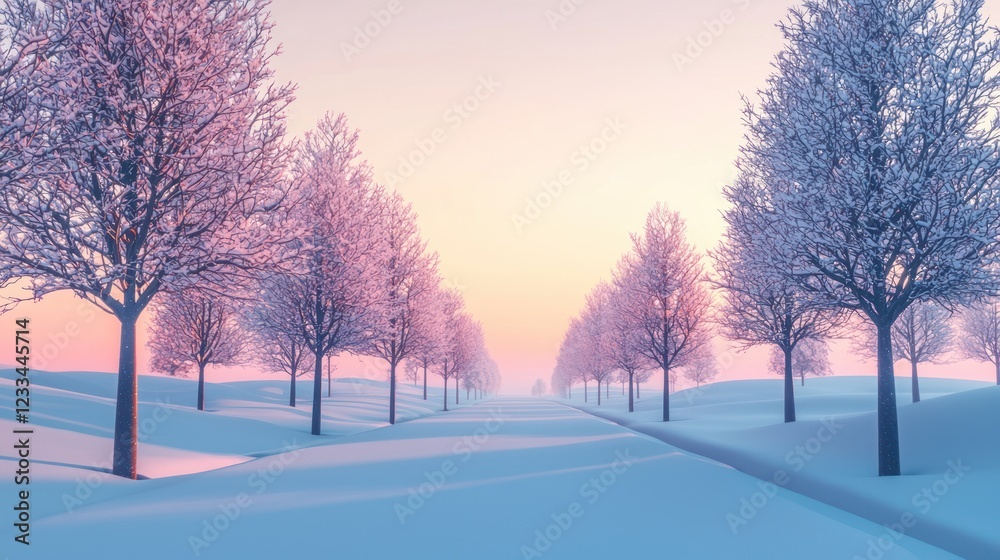 Snowy path lined with frost-covered trees at sunrise. Snowy path lined with frost-covered trees at sunrise.